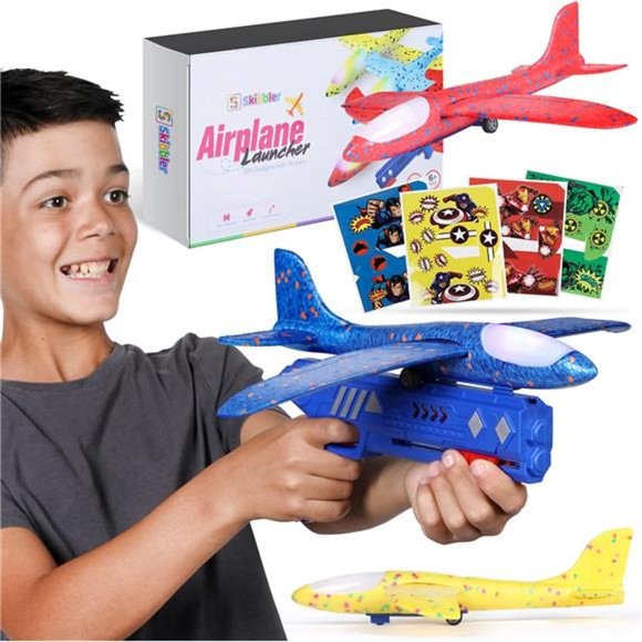 2-in-1 LED Foam Airplane Launcher Toy – Blue & Yellow